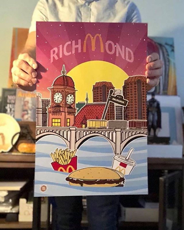 art of richmond skyline with mcdonalds floating in river
