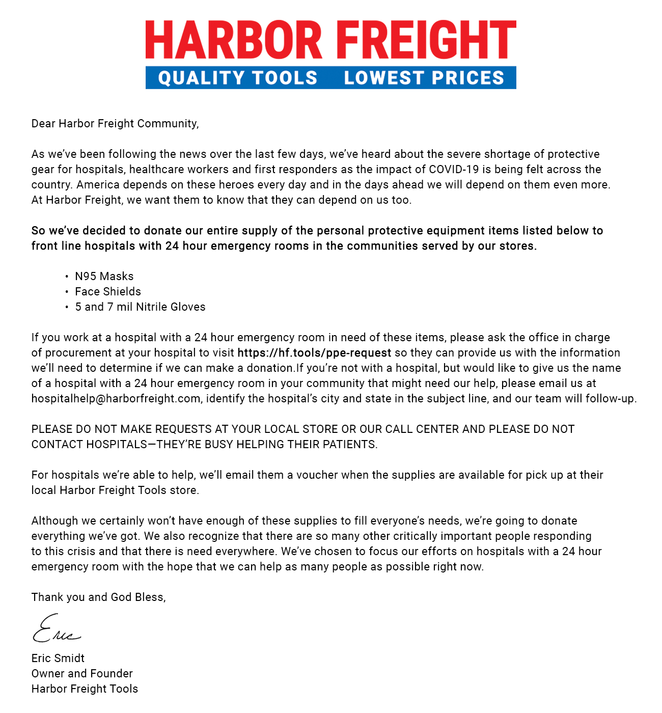 Letter from Harbor Freight